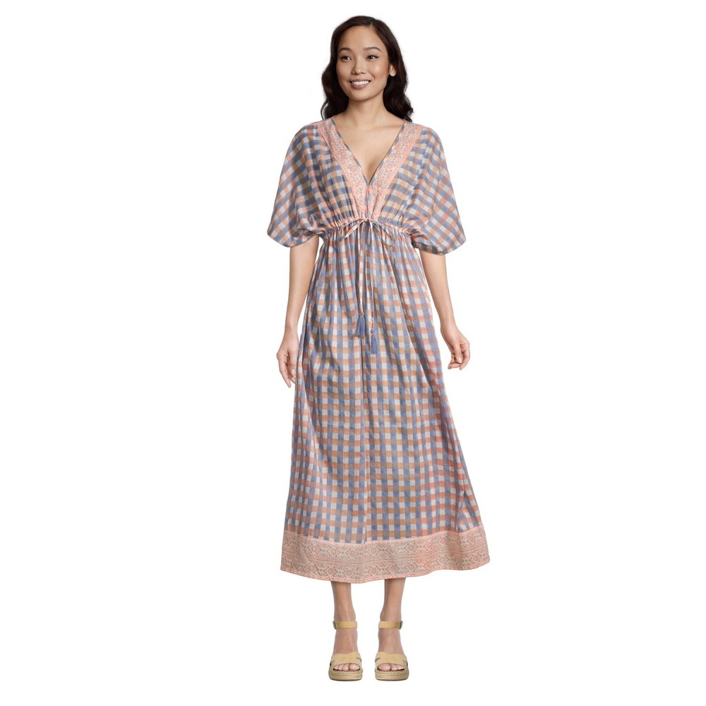 World Market Orange Purple Gingham Cotton Kaftan Maxi Dress Floral Boho Feminine